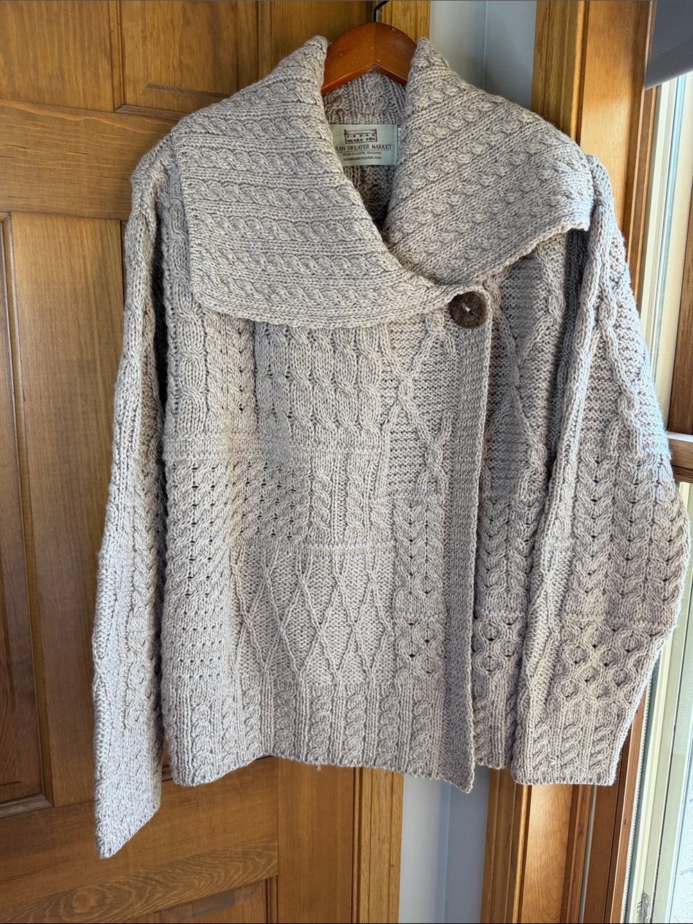 Aran Sweater Market Irish Knit Wool Patchwork One Button Shawl Collar Cardigan